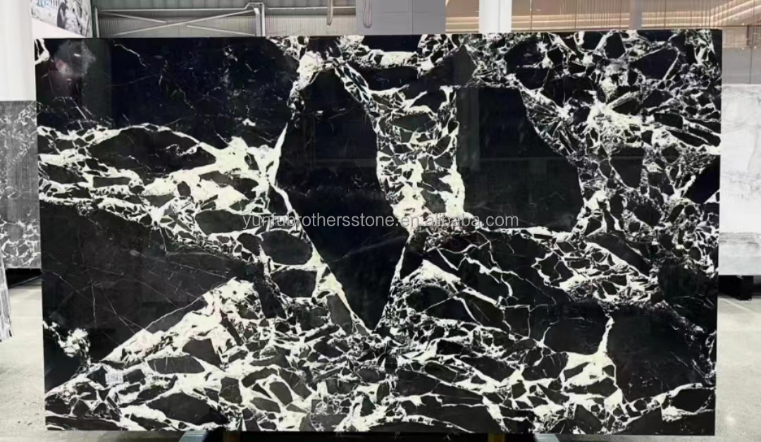 Modern Hotel Dining Table with Polished Green Marble Surface and Custom Graphic Design