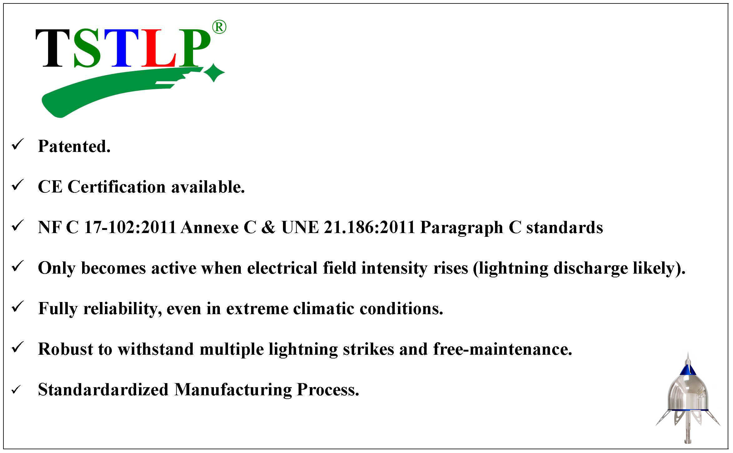IP68 Early Streamer Emission Air Terminal Designed According To Standard UNE21.186 - 2011