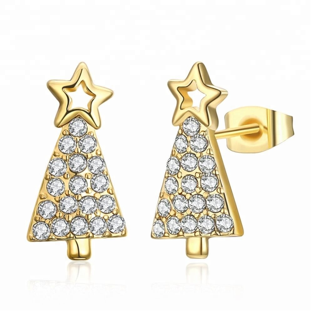 Wholesale Fashion Jewelry Star Zircon Earring Gold Plated Christmas Tree Earrings