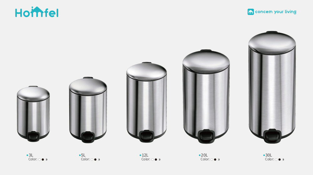 20L Stainless Steel Kitchen Bathroom Thin Lid Pedal Trash Bin Waste Bin Dustbin Soft Close Round Metal Trash Can Durable