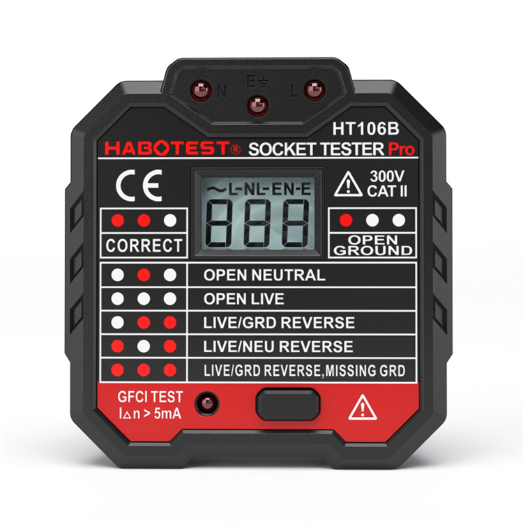 HT106B GFCI RCD Socket Outlet Tester 90 - 230V Voltage Measurement With LCD Display