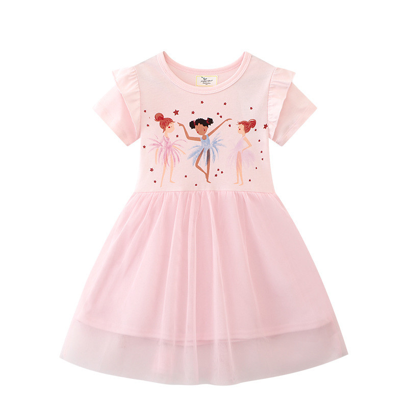 Girls' Pink Dress Summer New Fashion Print Cartoon Design Princess Dress Short Sleeve