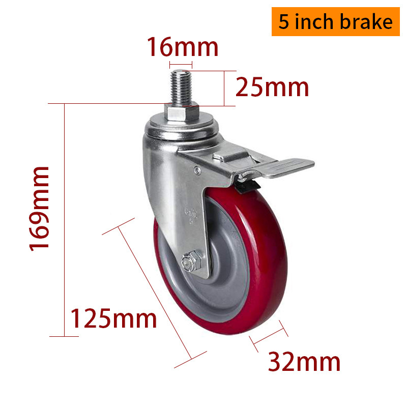 EDL Medium Duty 5inch 150kg Red TPU Threaded Caster by Swivel and Brake type 505S-86