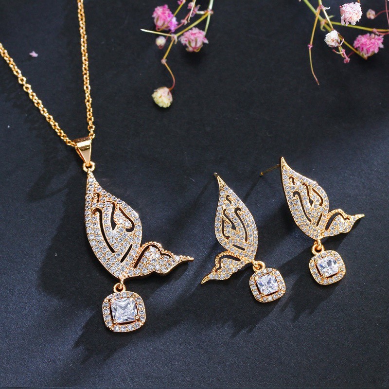 Butterfly CZ Bridal Jewelry Sets Women Girls Sparkling Rhinestone Set Butterfly Jewelry Necklace Earring Jewelry