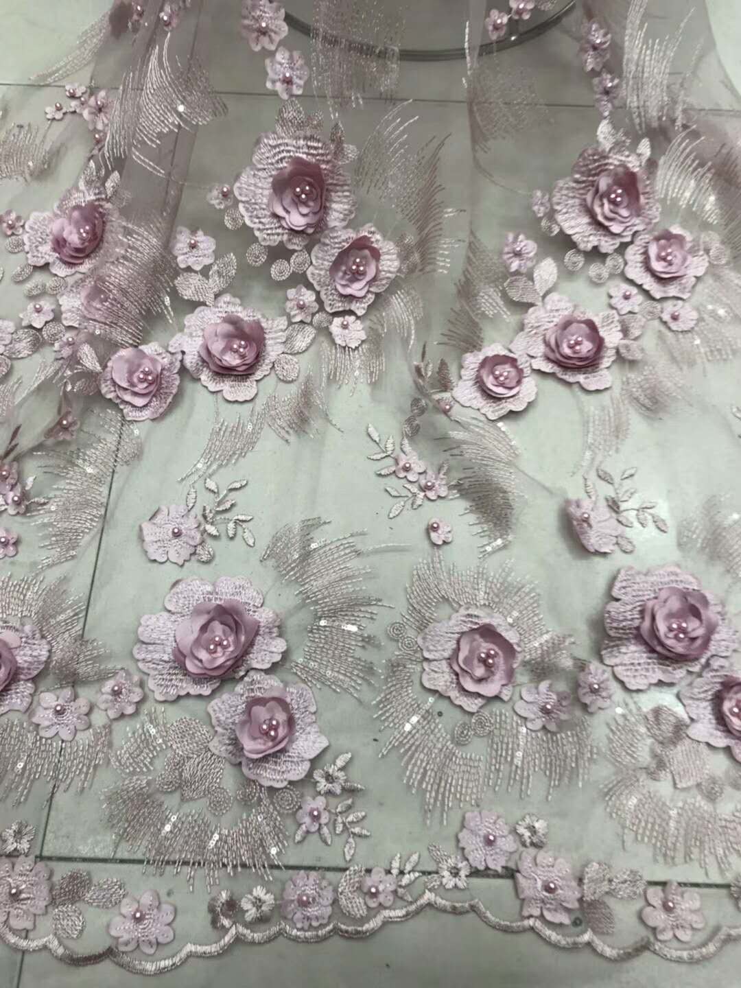Red 3D Flower Embroidered Tulle Lace Fabric / Wedding Dresses Sequins Beaded Lace