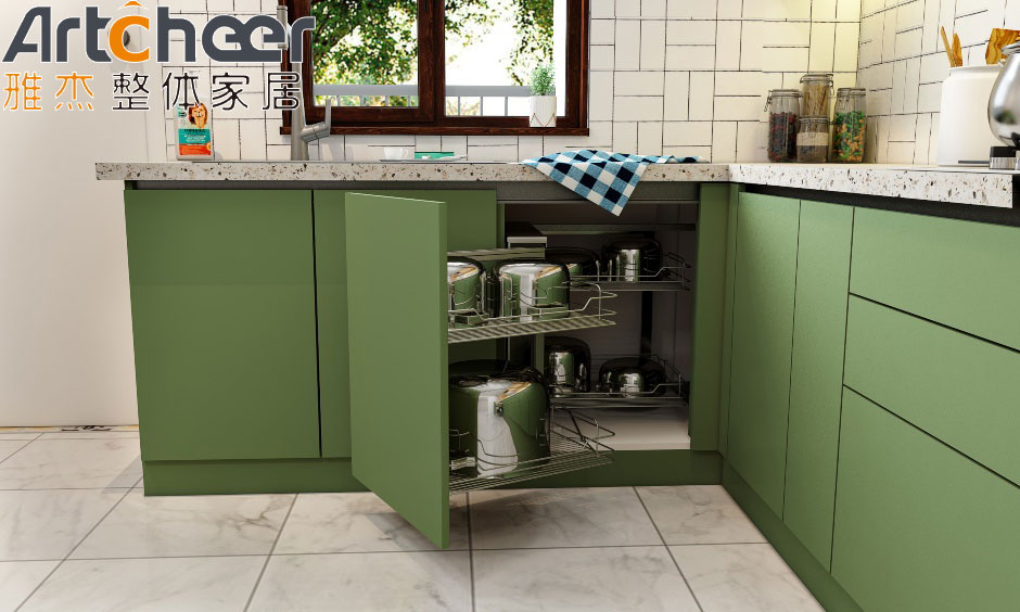 Custom U Shape Kitchen Cabinet Green Color L Shape Base Cabinets Set With Marble Stone Top