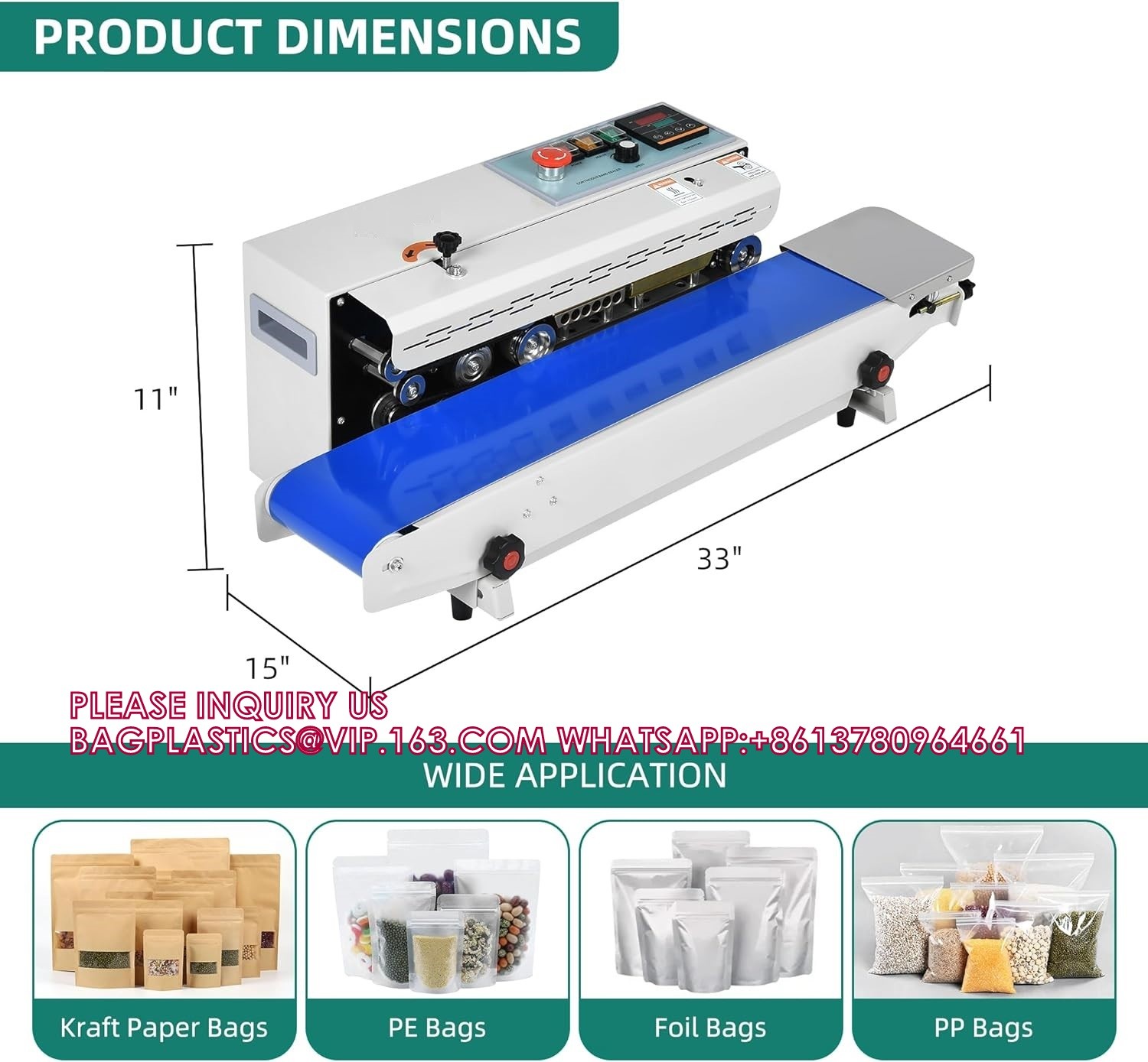 Horizontal Continuous Band Sealer, Automatic Bag Heat Sealer W/Printing Wheels, Commercial Bag Sealing Machine