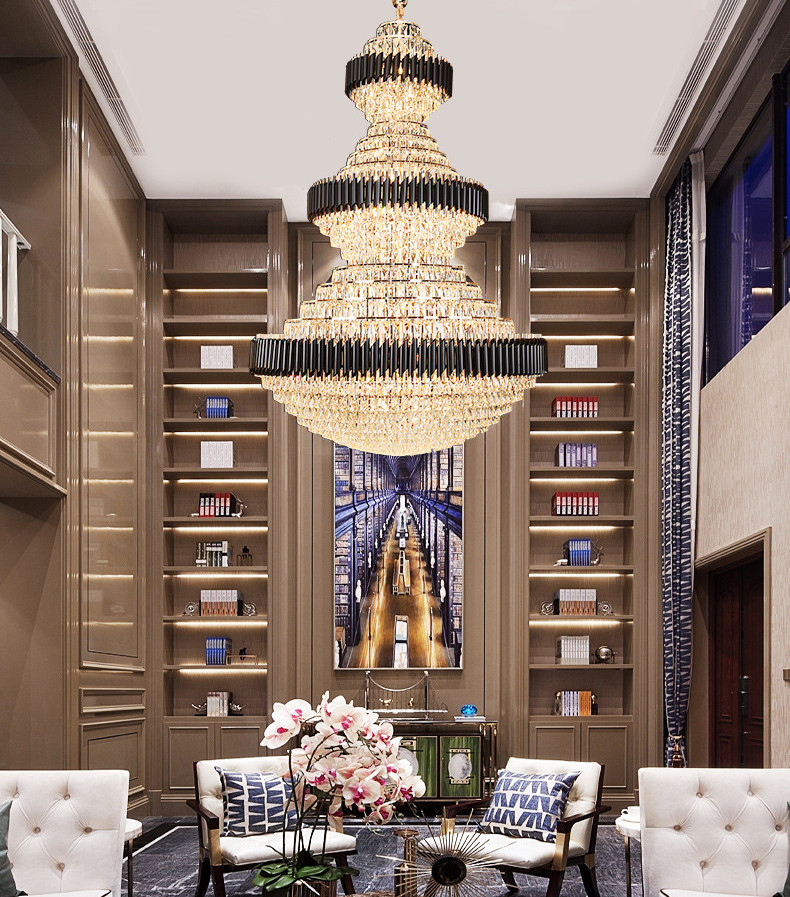 Top luxury Staircase Chandelier Lighting Large Home Decoration Crystal black ceiling light(WH-NC-93)
