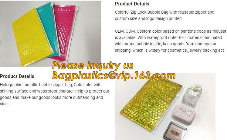 Holographic Factory Shiny gold Cosmetic bag Zipper Bubble Bag zip-lock Slider Padded Mailer metallic bubble zipper bagea
