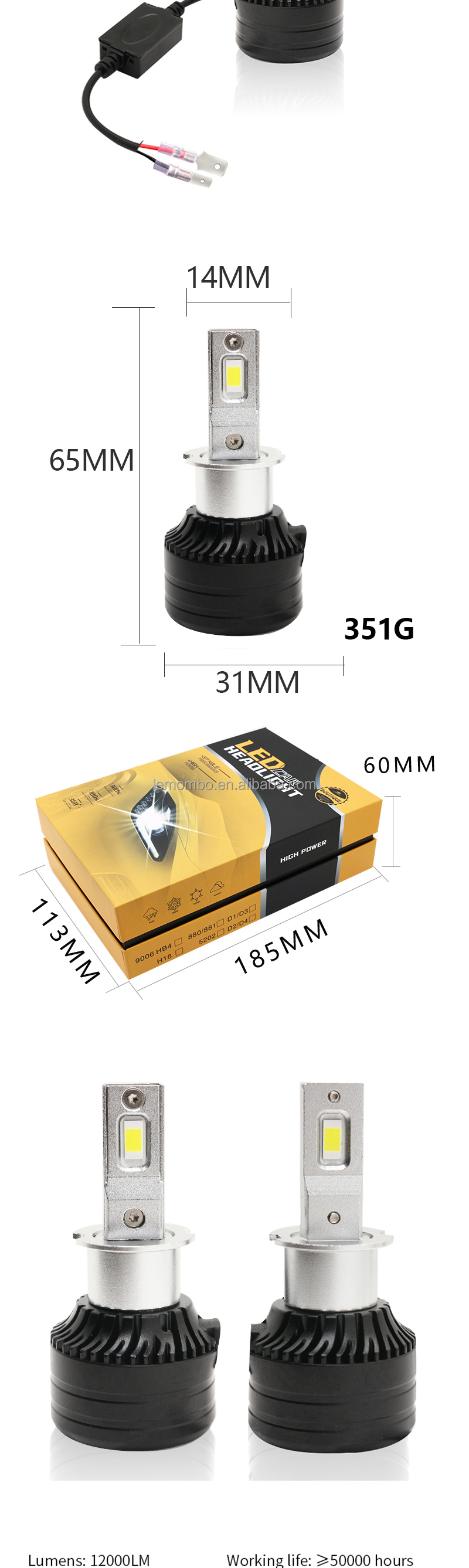 Car headlights H3 6500K 12-36V LED head light Bulb product system And the 3000LM 30W front fog lamp