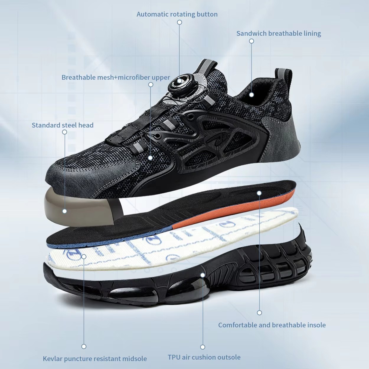 Black Microfiber Safety Industrial Button Men's Work Shoes