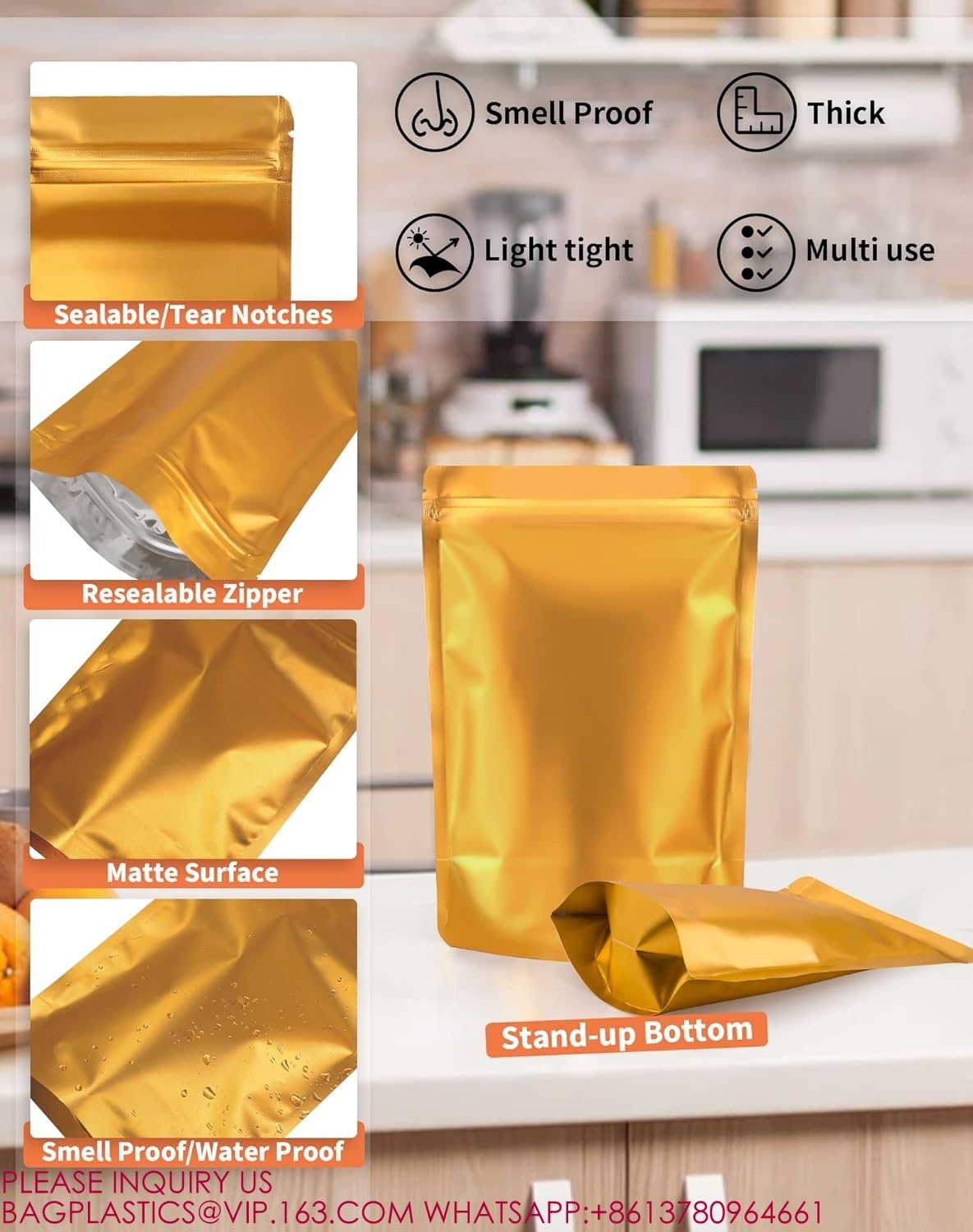 Golden Resealable Stand Up Bags,Smell Proof Pouch Sealable Foil Pouch Bags For Packaging