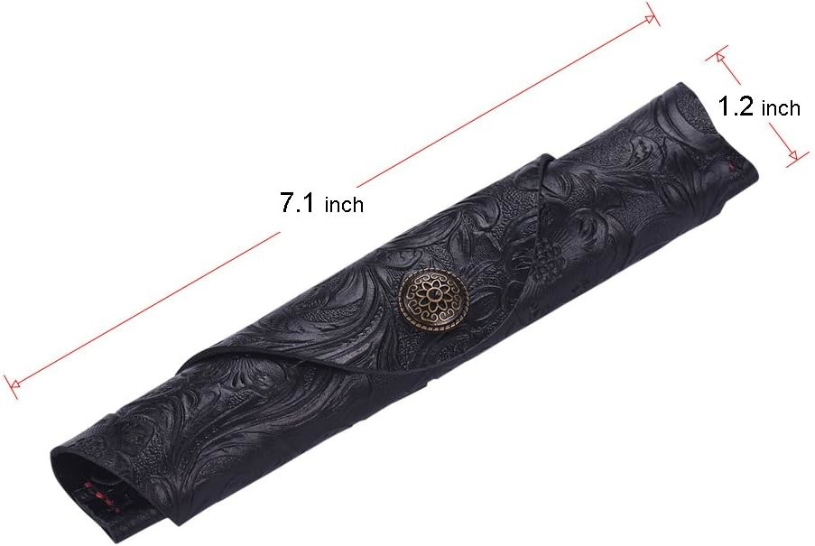 Vintage Handmade Leather Single Pen Case Holder Cowhide Fountain Pen Sleeve Roll Wrap Pen Pouch (Black Carved)