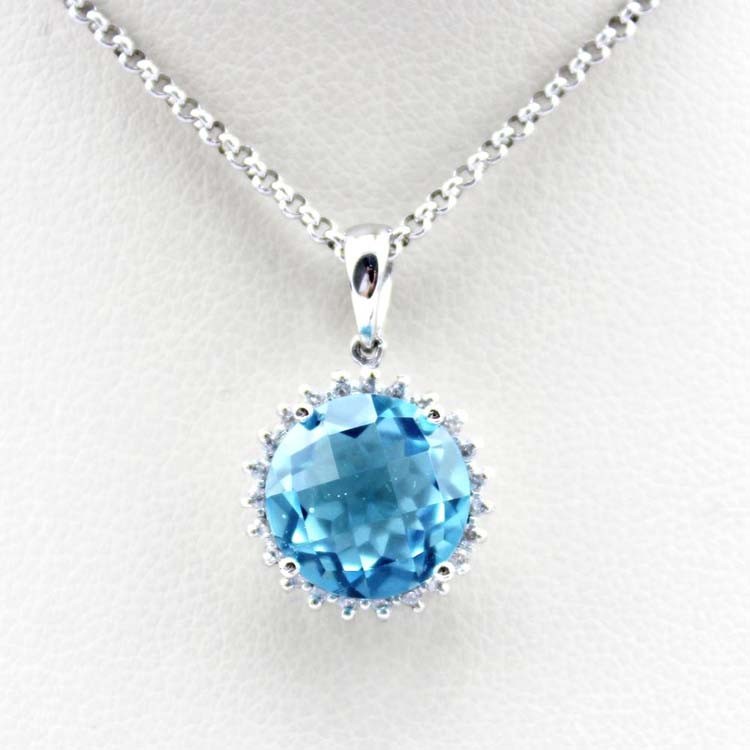 Sterling Silver Cable Chain 10mm Blue Topaz Cubic Zircon Pendant Necklace (PSJ036)