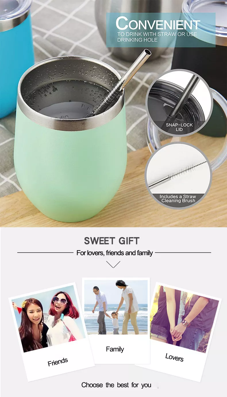 12oz Customized Stainless Steel Vacuum Insulated Wine Tumbler Coffee Mugs with Lid and Straw