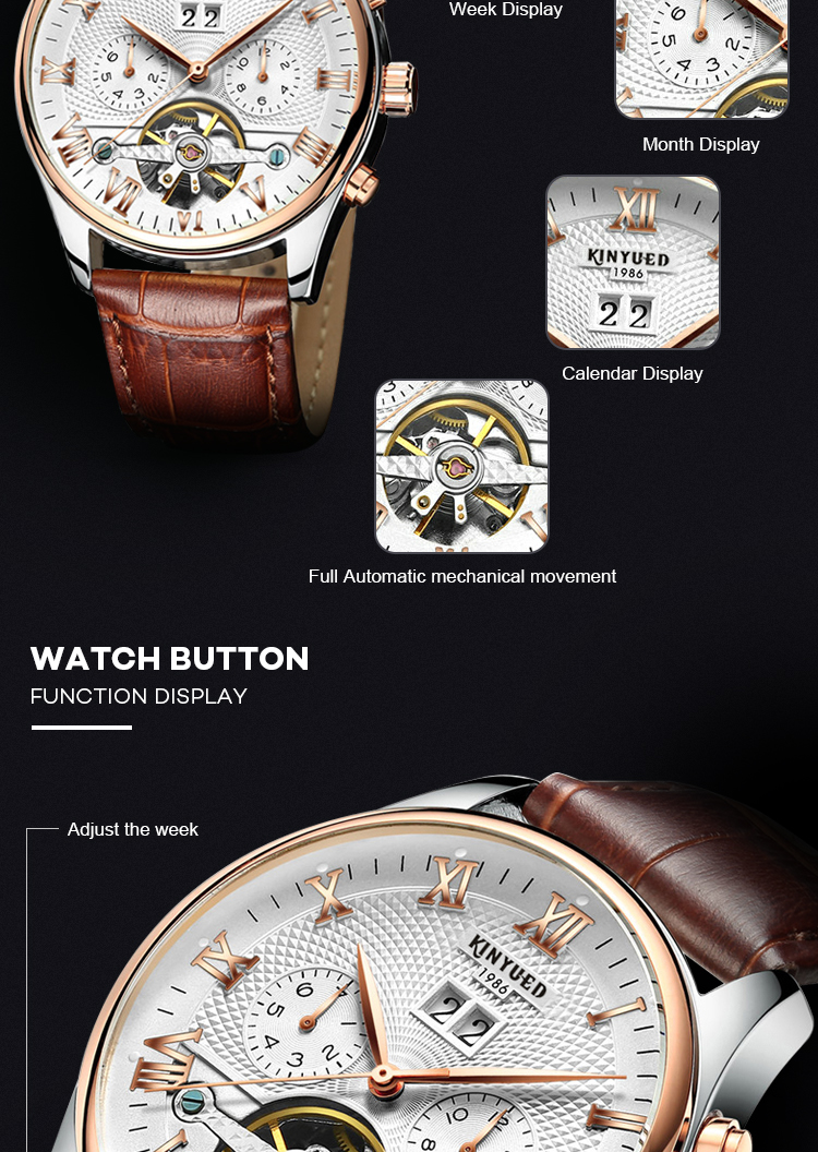 Charm 3ATM leather strap skeleton automatic mechanical men wrist tourbillon watch
