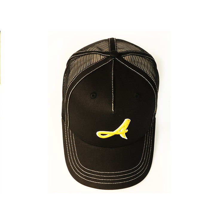 Custom Unisex 5 Panel Trucker Cap Hat , Customized Black 3D Embroidery Mesh Hat