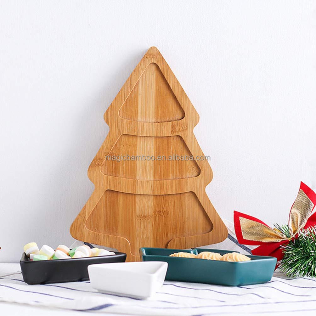 Festive Bamboo Table Tray with Three Removable Ceramic Dishes and Christmas Tree Shape