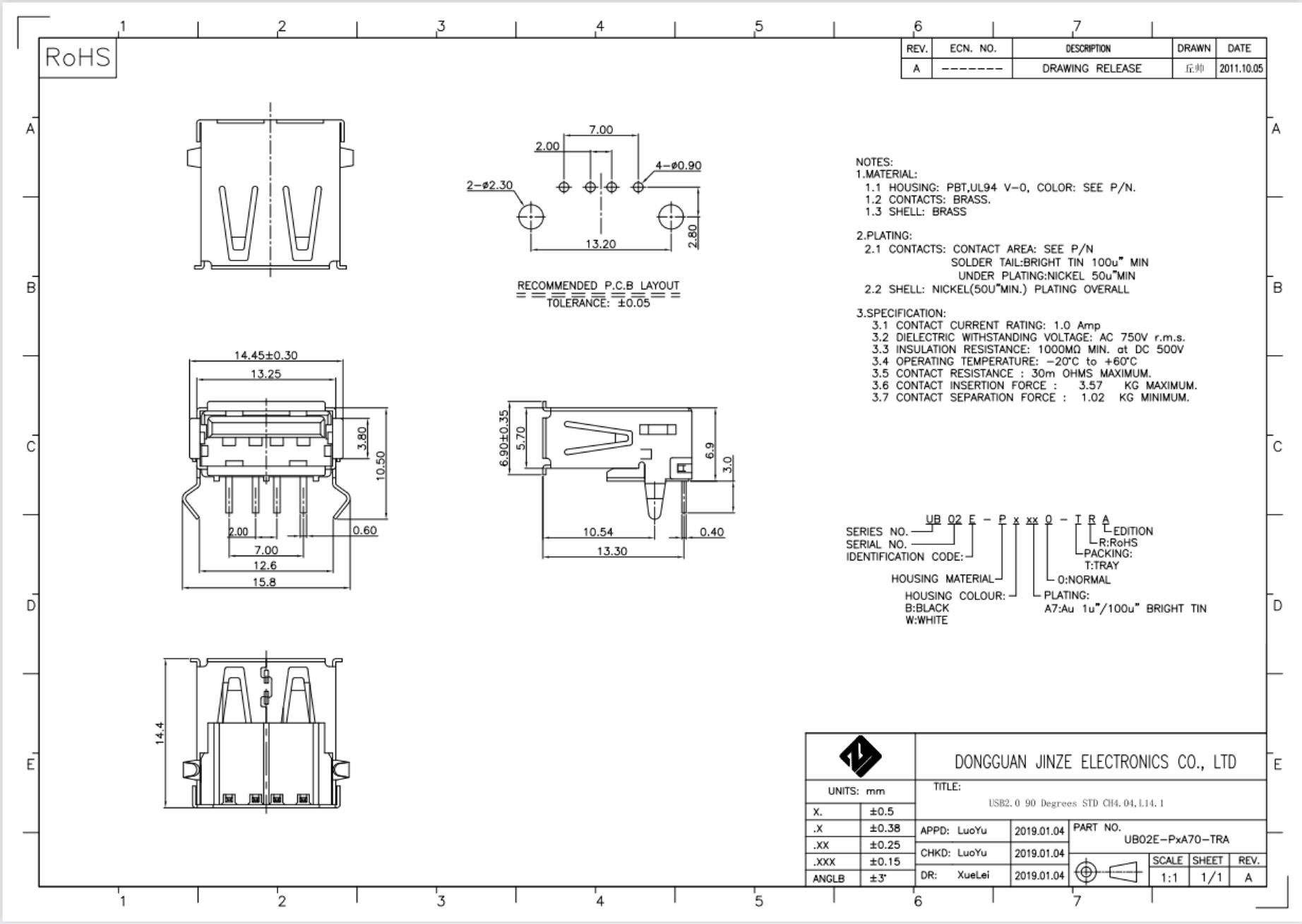 PBT 90 Degrees 2.0 USB Socket Connector 4Pin A Female 1.0AMP