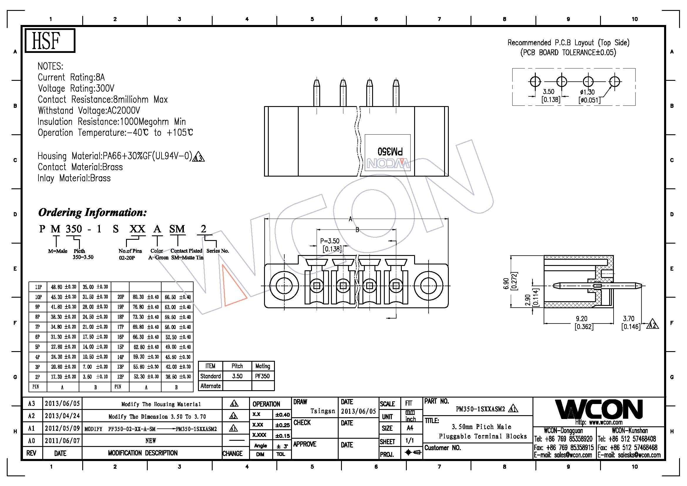 Male Pluggable Straight DIP PA66 Terminal Blocks Connector 3.5mm 8P Wtih Ear