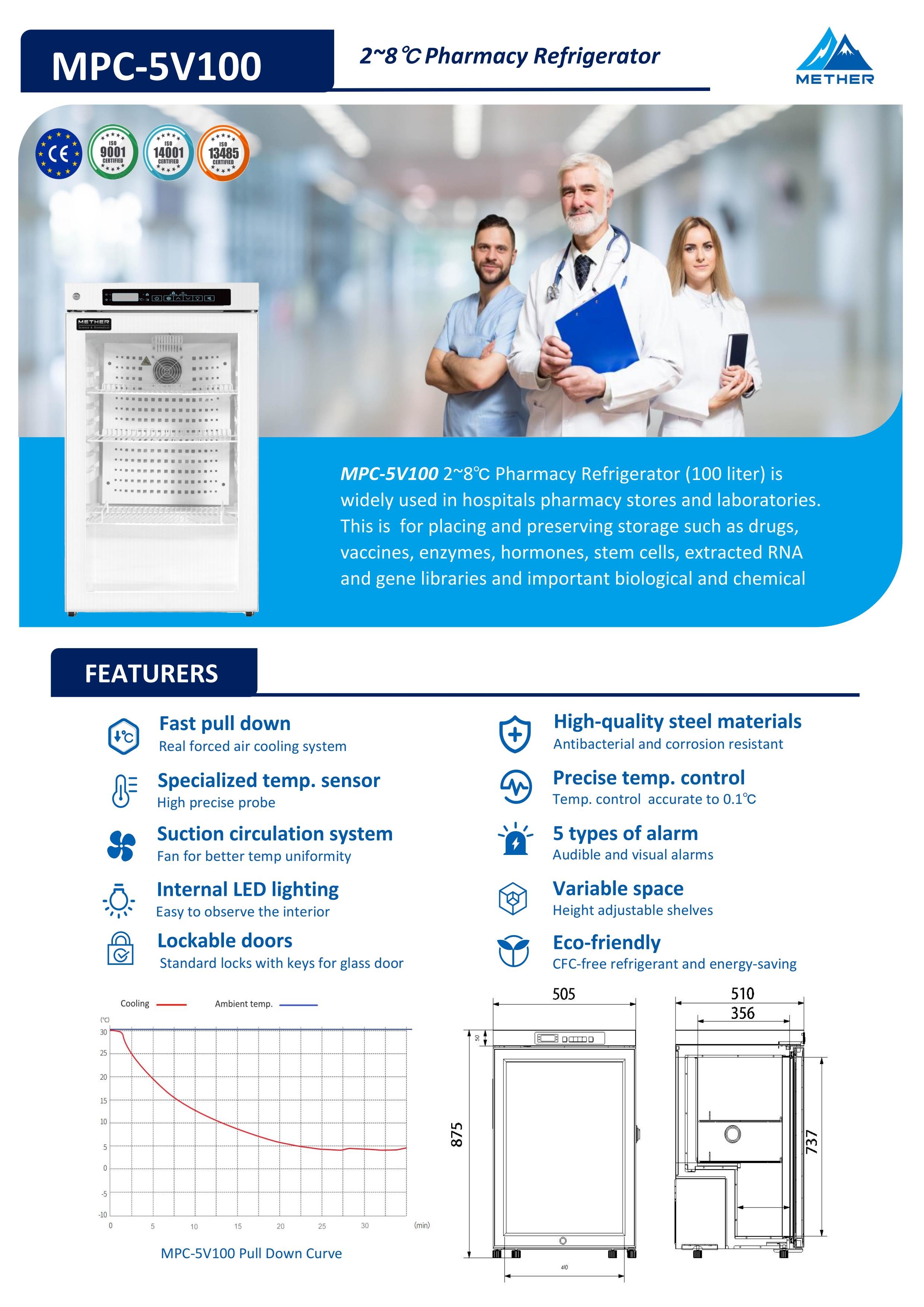 Medical-Grade Pharmacy Refrigerator 2~8℃ Vaccine Storage 100L Capacity For Hospitals & Labs