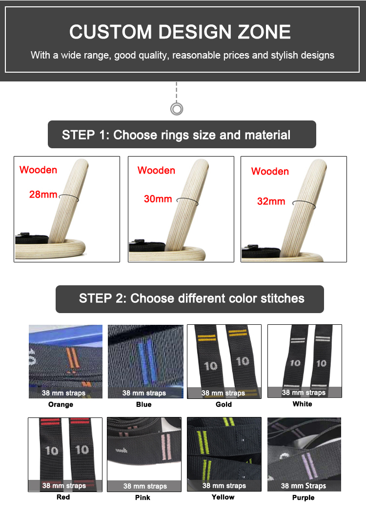 28mm Wooden Pull Up Rings Olympic Double Layers Durable Nylon 8 Feet Stitches Straps