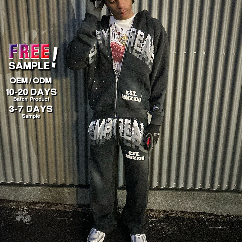 Custom Full Face Zip up Hoodie Screen Print Logo Rhinestone Sweatsuits Acid Wash Stacked Flared Sweatpants and Hoodie Set