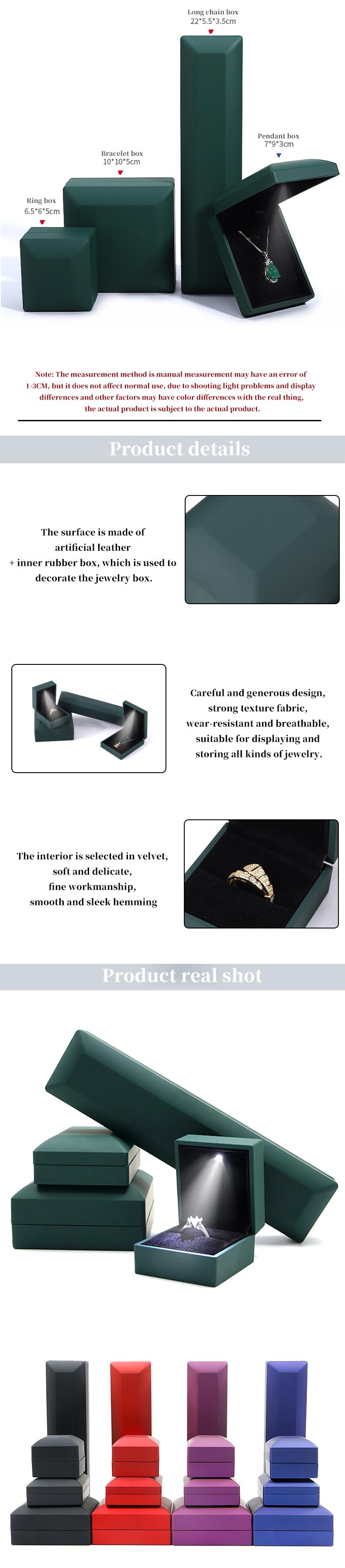 Jewelry Package Custom Logo Green LED Light Velvet Box for Rings Bracelets Necklaces