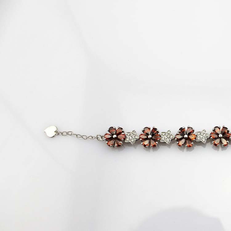 Sterling Silver Link Flower Garnet Cubic Zircon Tennis Bracelet(B01RED)