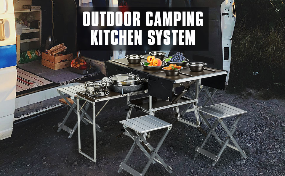 Modern Design Camping Kitchen Table with Storage Cupboard White Paper Box Package Method