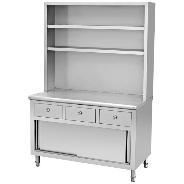 stainless steel kitchen cabinet with shelves.