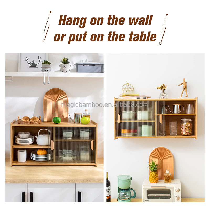 Bamboo Wall Mounted Kitchen Pantry Organizers Sideboard With Transparent Doors