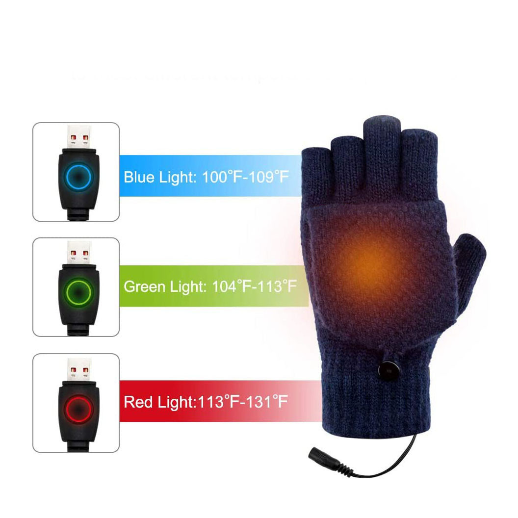Washable Electric Heated Gloves USB Powered Button Closure Fingerless type