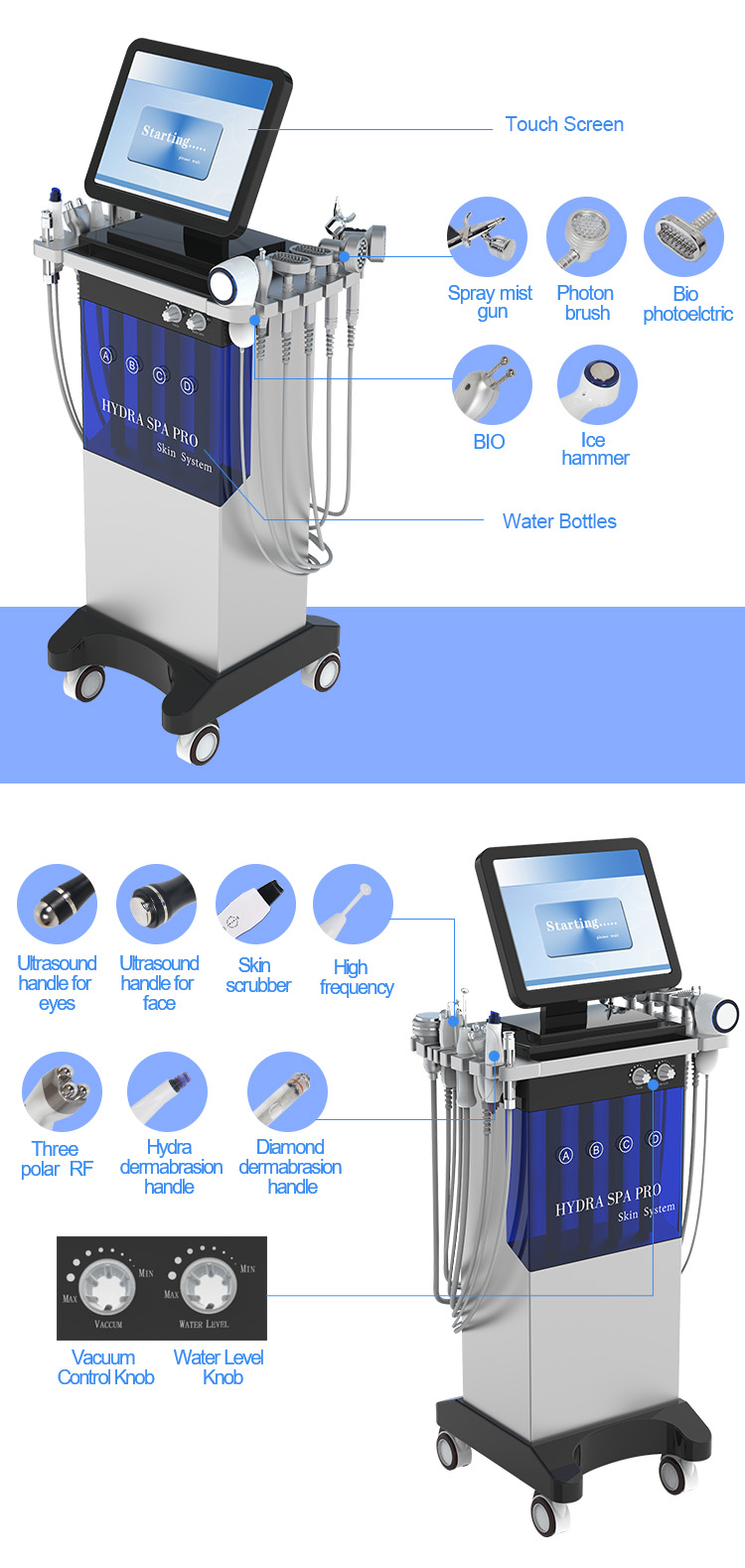BIO RF Beauty Therapy Machine 15 Inch Cold Hammer Hydro Dermabrasion Device