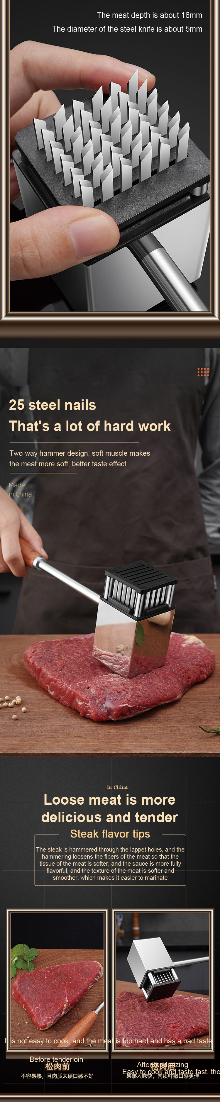 Hot 36-Blade Manual Meat Tenderizer Durable Kitchen Tool for Tenderizing Steak Turkey