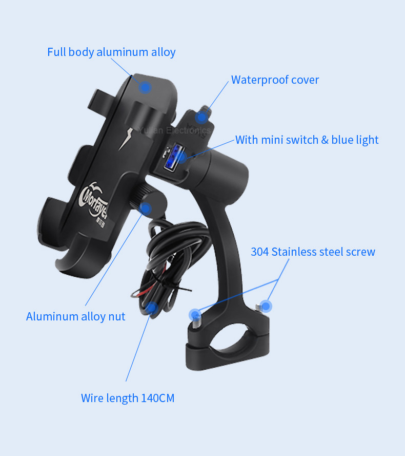 Rear Mirror Dirt Bike Phone Holder , 5V 2.5A Bmw Motorcycle Phone Mount