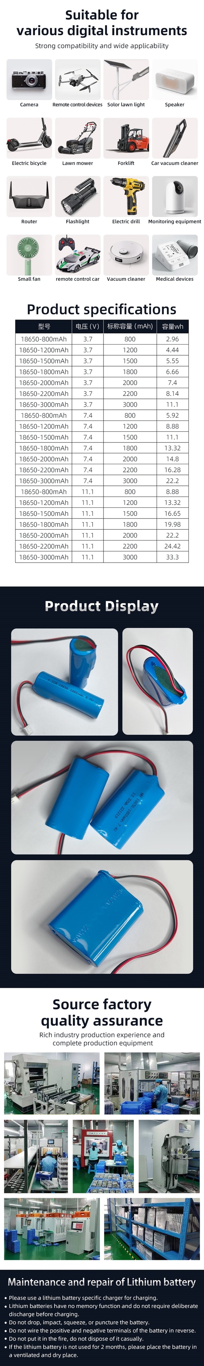 Electric Tools / Solar Light 18650 Rechargeable Battery Lithium Cell Battery 3.7V-11.1V