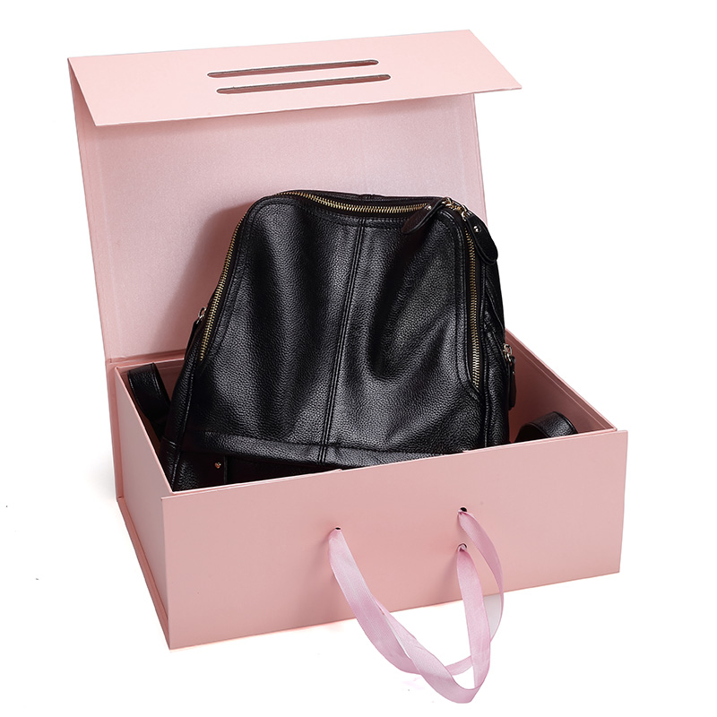 Custom Color Magnetic Flip Folding Cardboard Gift Box for Ribbon Handle Handbag Packaging