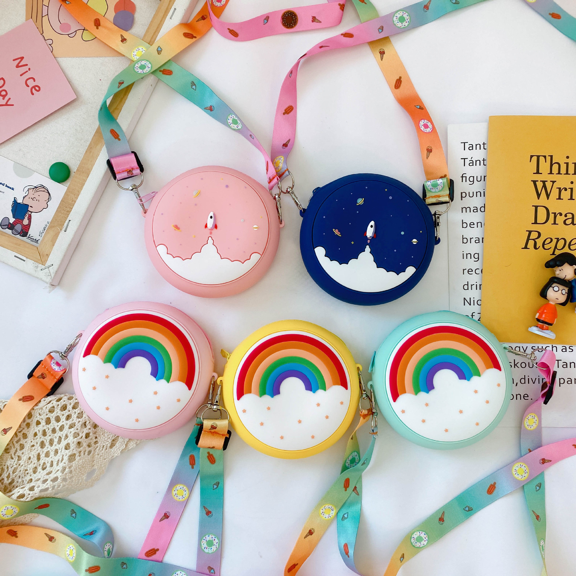 Silicone Key Coin Purse Cute Rainbow Butterfly Tray Change Bag Makeup Bag Wallet Pouch Case With Zipper Lanyard HandBag