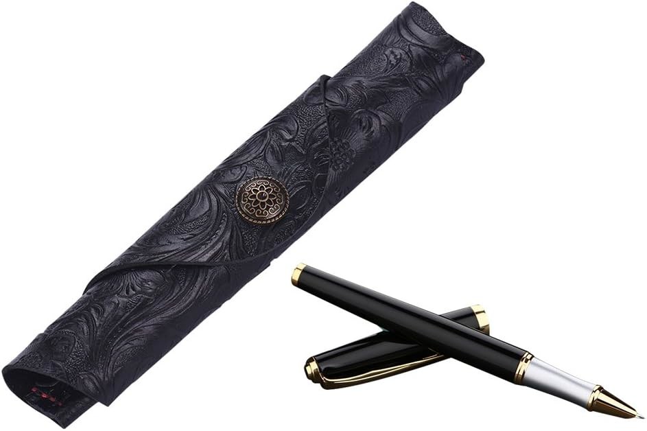 Vintage Handmade Leather Single Pen Case Holder Cowhide Fountain Pen Sleeve Roll Wrap Pen Pouch (Black Carved)
