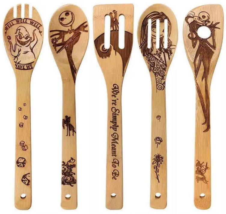 Halloween Christmas Bamboo Kitchen Utensils Laser Engraved Bamboo Cutlery Set
