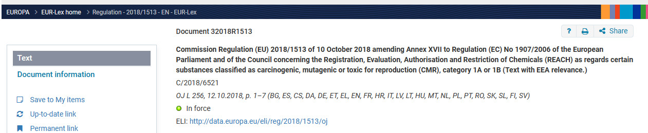 Entry 72 of Commission Regulation (EU) 2018/1513 amending Annex XVII of REACH Regulation (EC) No 1907/2006