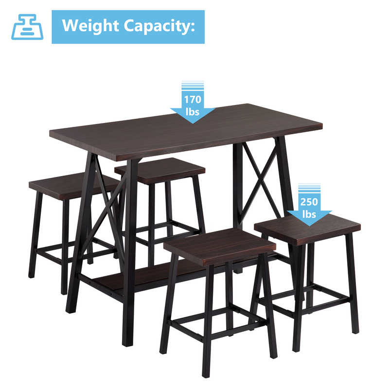 47.3inch Length 5 Piece Bar Table Set Counter Height Pub Table Set