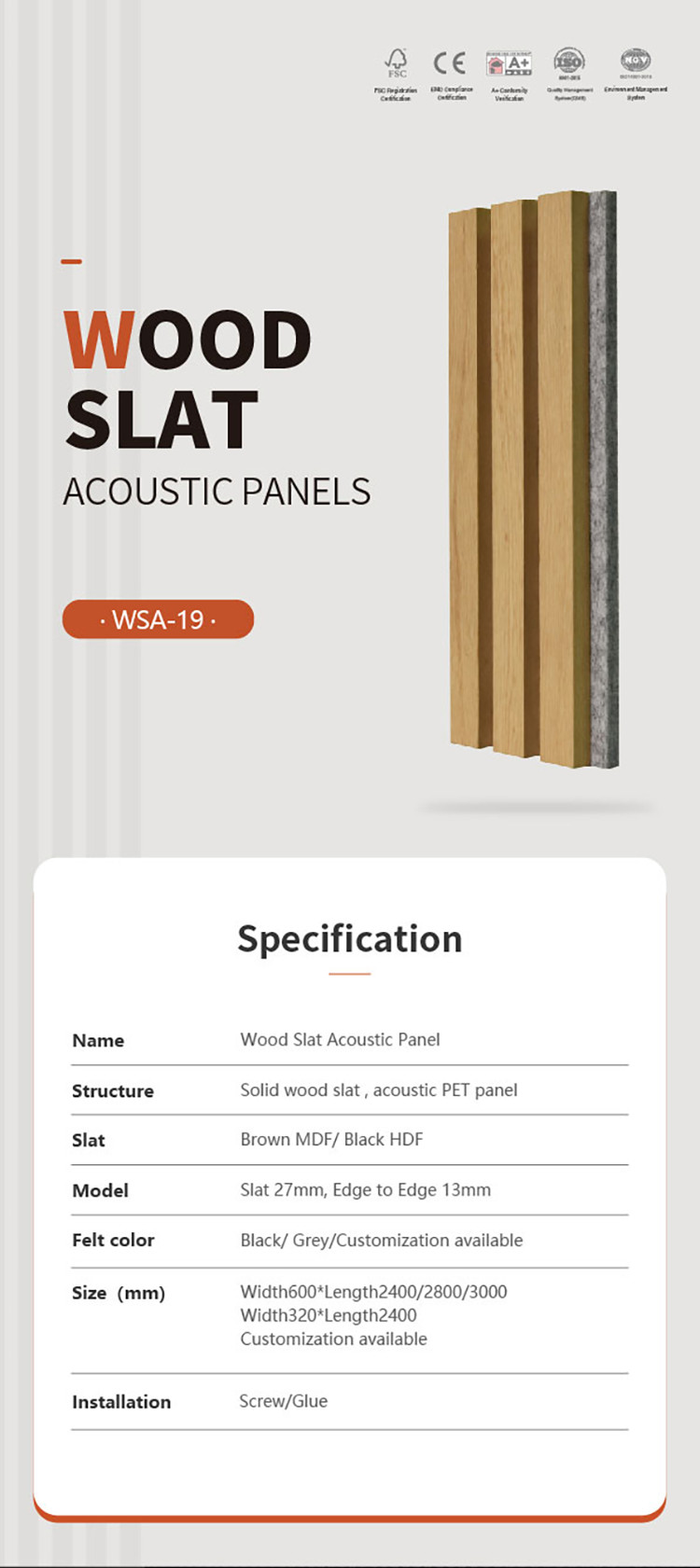Bespoke Soundproof Solid Wood Slat Acoustic Panels 21mm Thickness 0.85 NRC