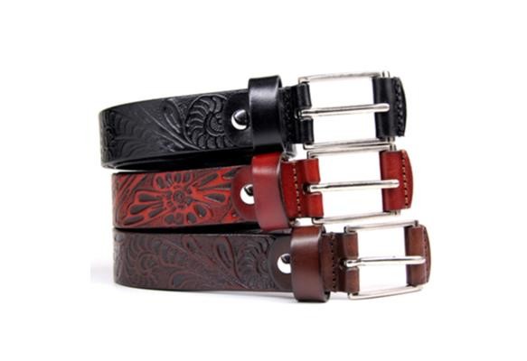 Pin Buckle Genuine Leather Embossed Flower Women Belt
