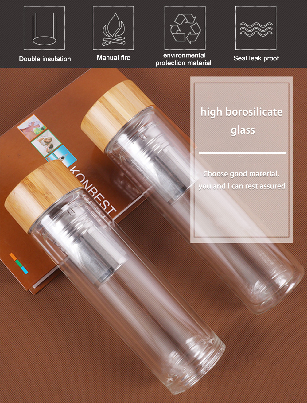 Double Wall High Borosilicate Glass Water Bottle Insulated Tea Infuser OEM