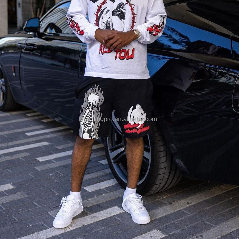Knitted Weaving Method Vintage Acid Wash Faded Puff Print Shorts for Men in Mid Waist