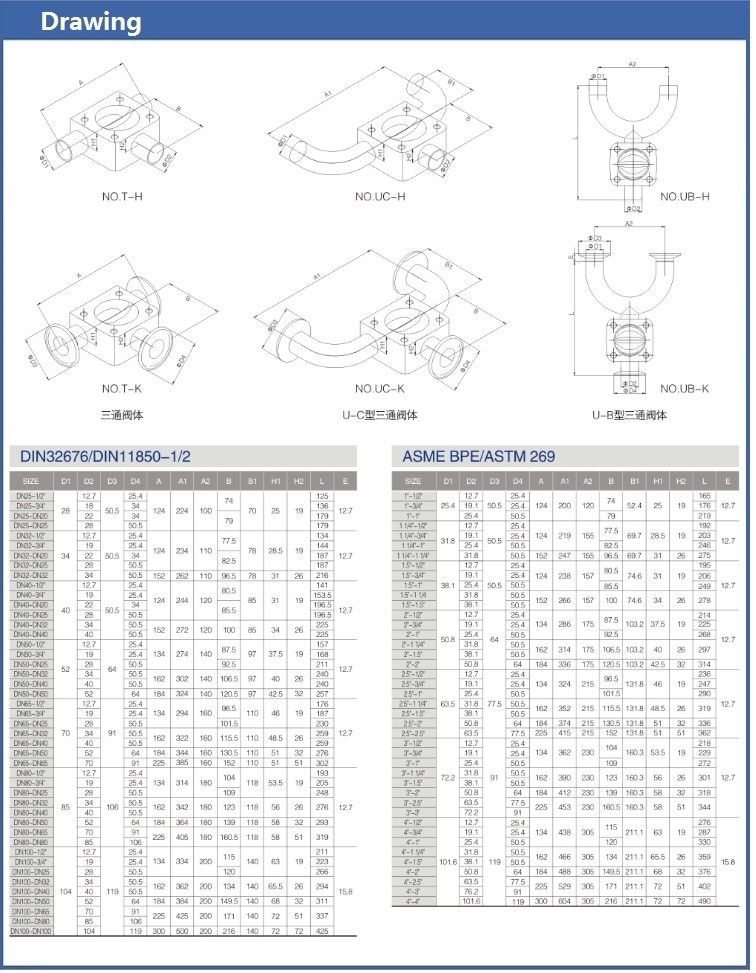 SS 316L U-C Type Tee Sanitary Diaphragm Valve with Forging body Clamp Ends for Pharmaceutical