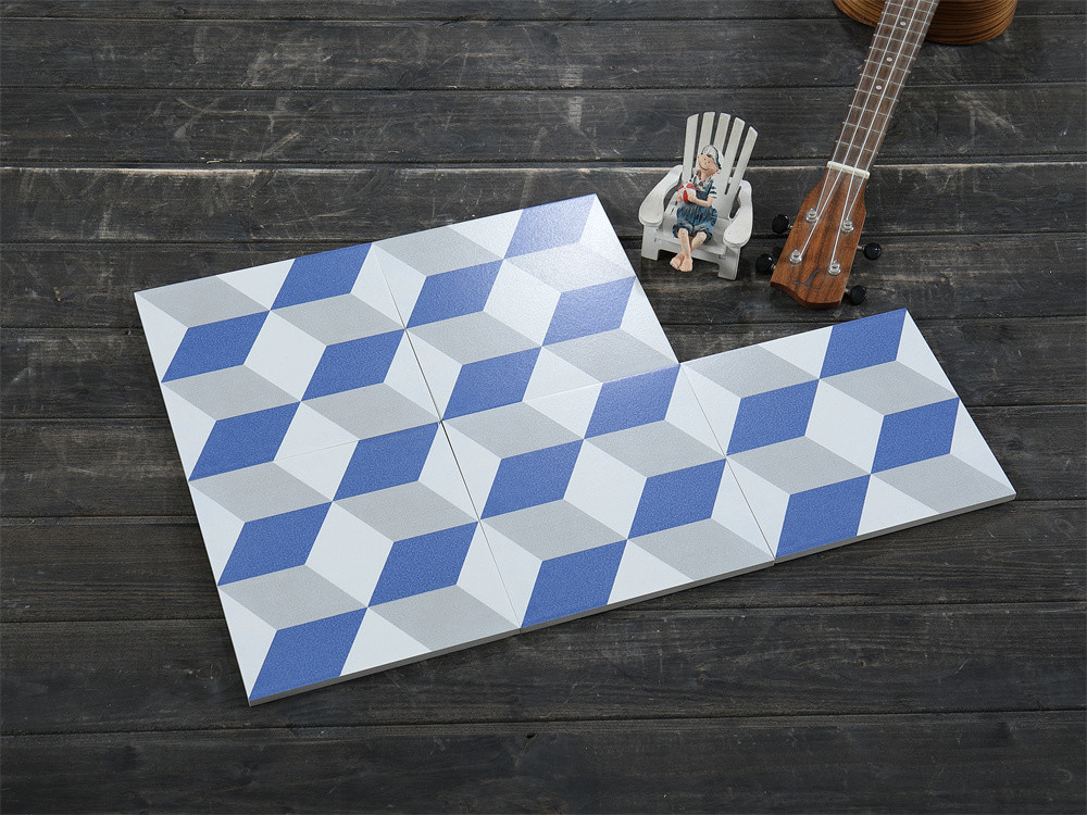 Blue And White Vintage Geometric Ceramic Rustic Tile For Hotel And Durable 200x200mm Floor Tile For Kitchen