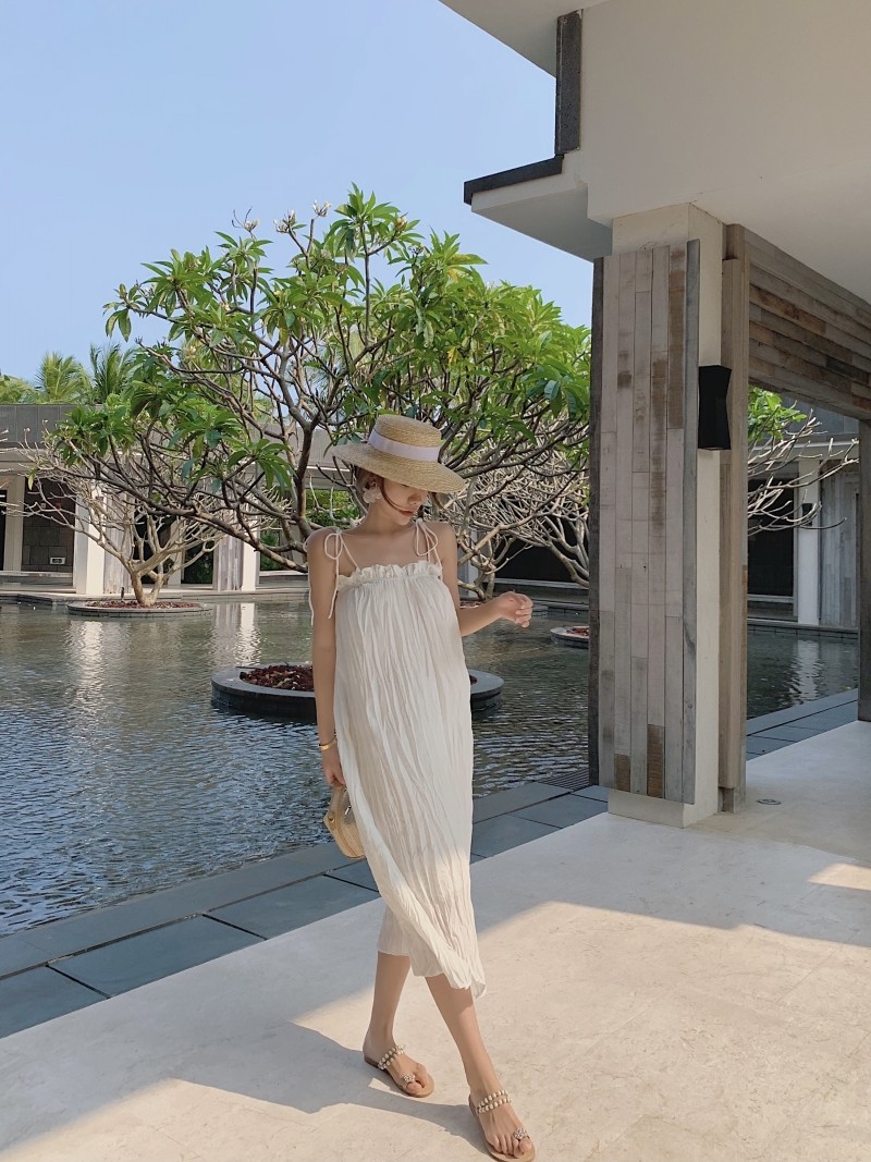 Cotton Square Collar Women's Beachwear Dresses , Backless White Loose Beach Dress